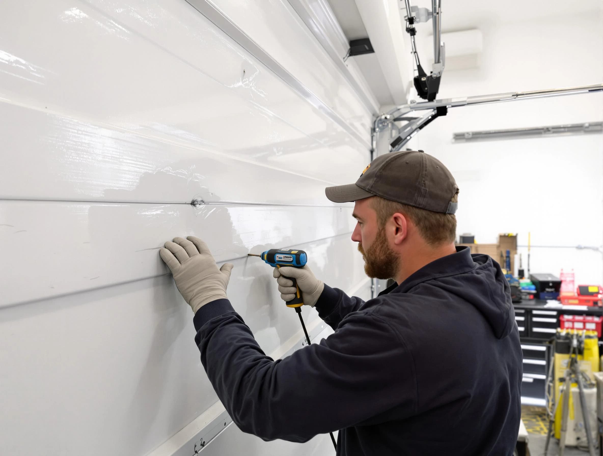 West Haven Garage Door Repair technician demonstrating precision dent removal techniques on a West Haven garage door